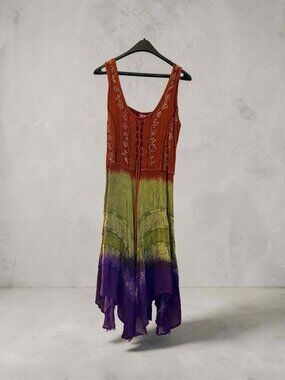 Fashion Terminal Free Size Boho Embroidered Lace-Up Midi Dress Festival Hippie